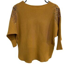LIV Milano Womens Mustard Embellished Shoulder Knit Top Size Medium Fall Fashion